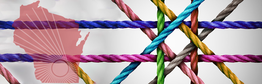 Eight colorful ropes intersecting in a patern