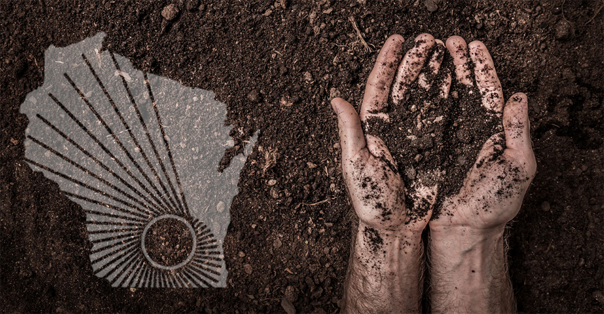 WARF logo over image of person's hands holding soil over field of soil
